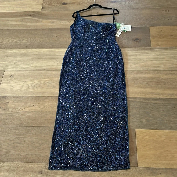 SCALA Vintage 100% Silk GORGEOUS Navy One Shoulder Beaded & Sequin Gown Size XL - Picture 3 of 13